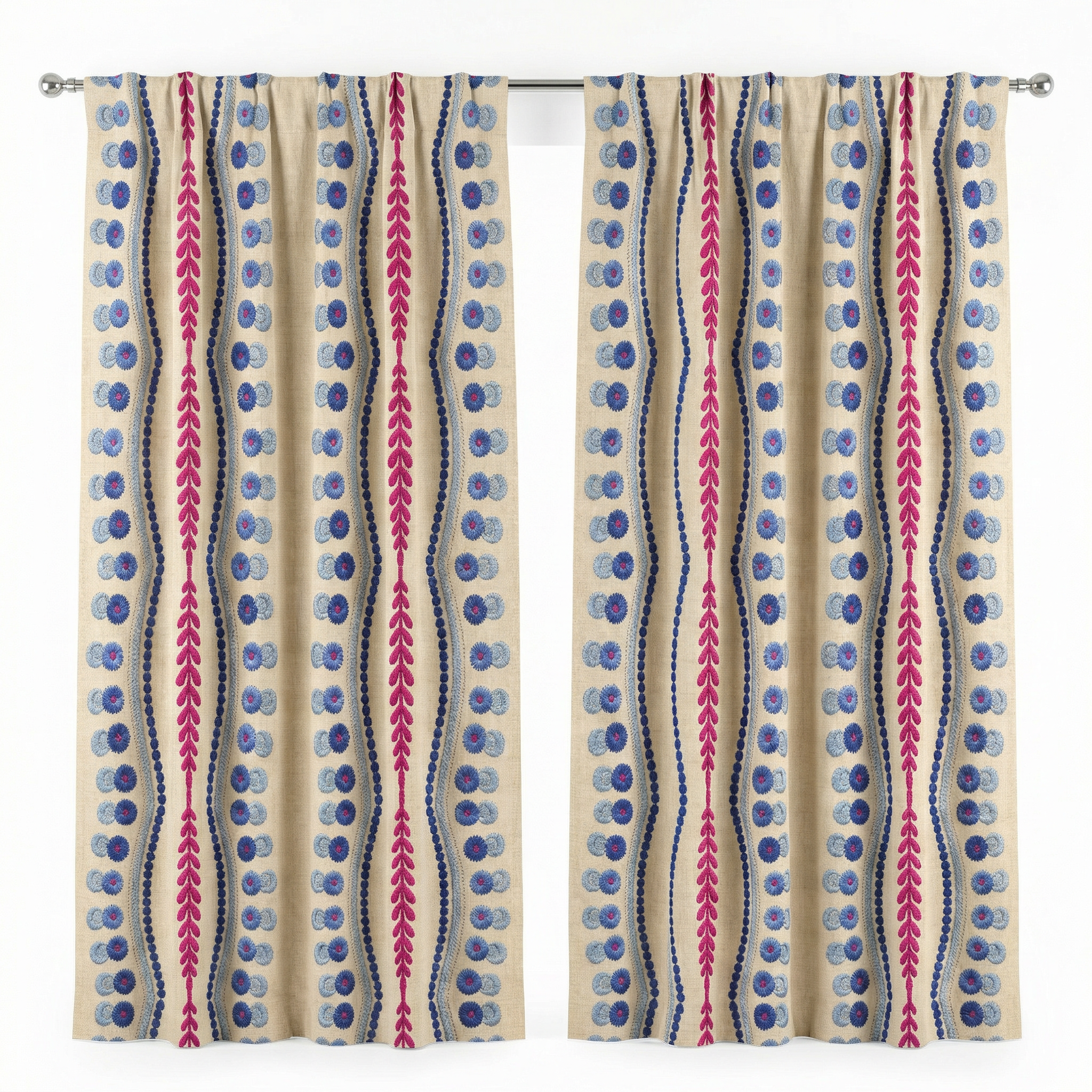 Natural Linen Look Teal Pink Ethnic Border Curtains