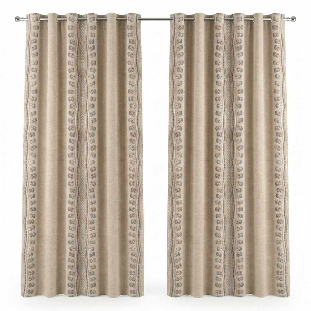Natural Linen Look Teal & Gold Ethnic Border Curtains