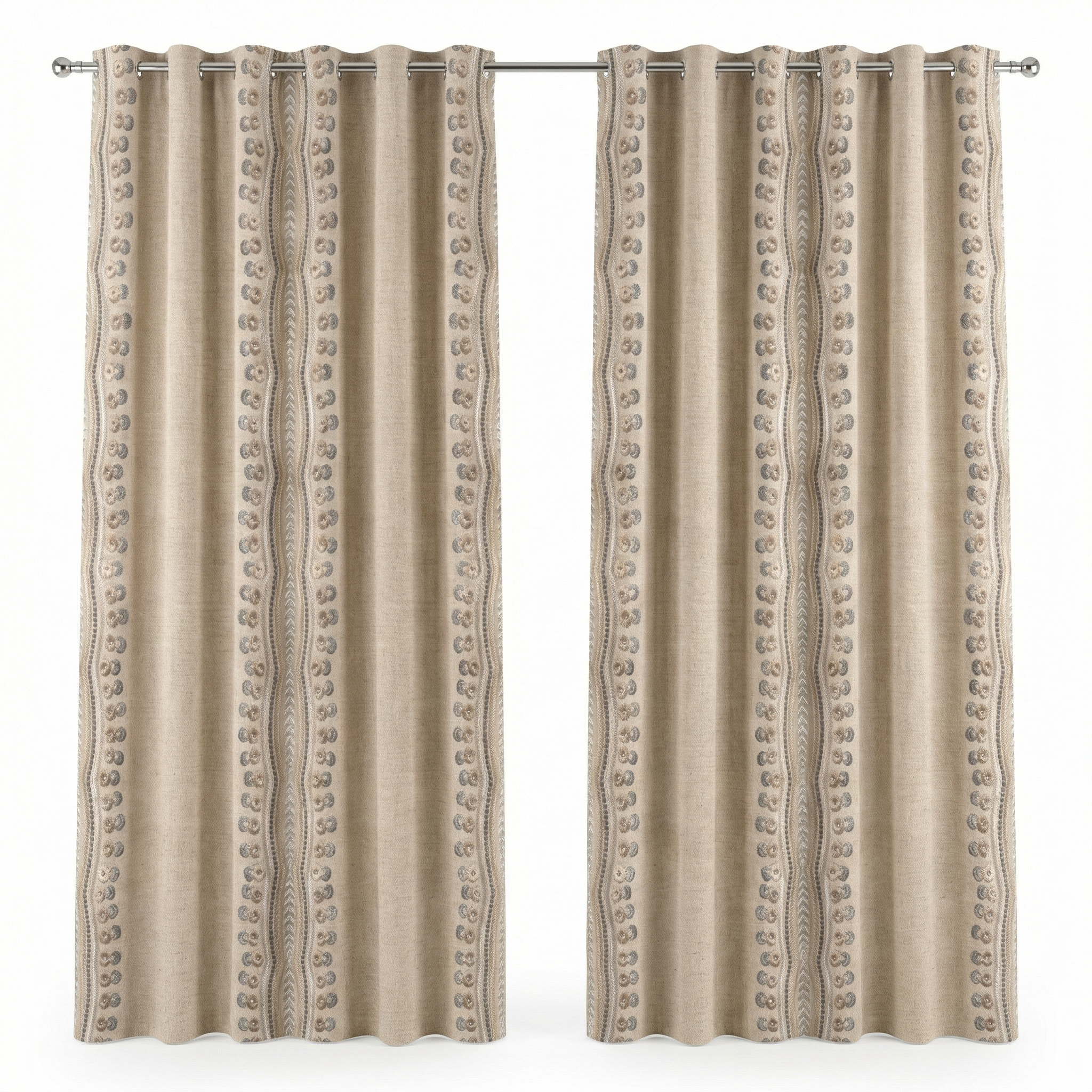 Natural Linen Look Teal & Gold Ethnic Border Curtains