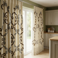Beige And Brown Upholstery With Scroll Curtains