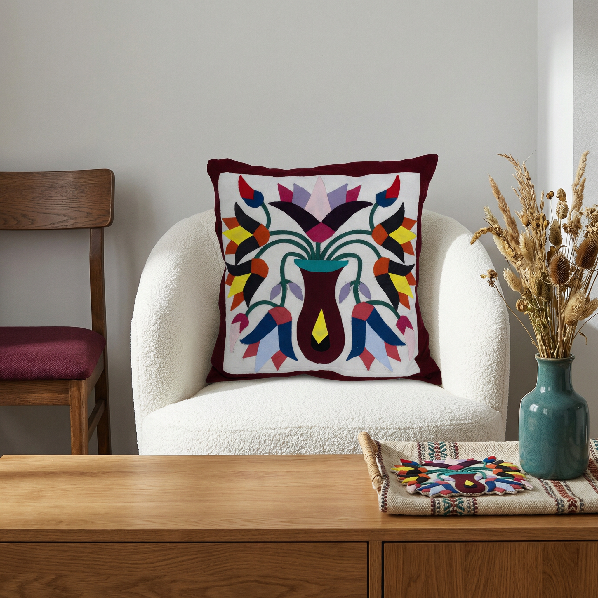 Appliqued Floral Patchwork  Cushion Cover