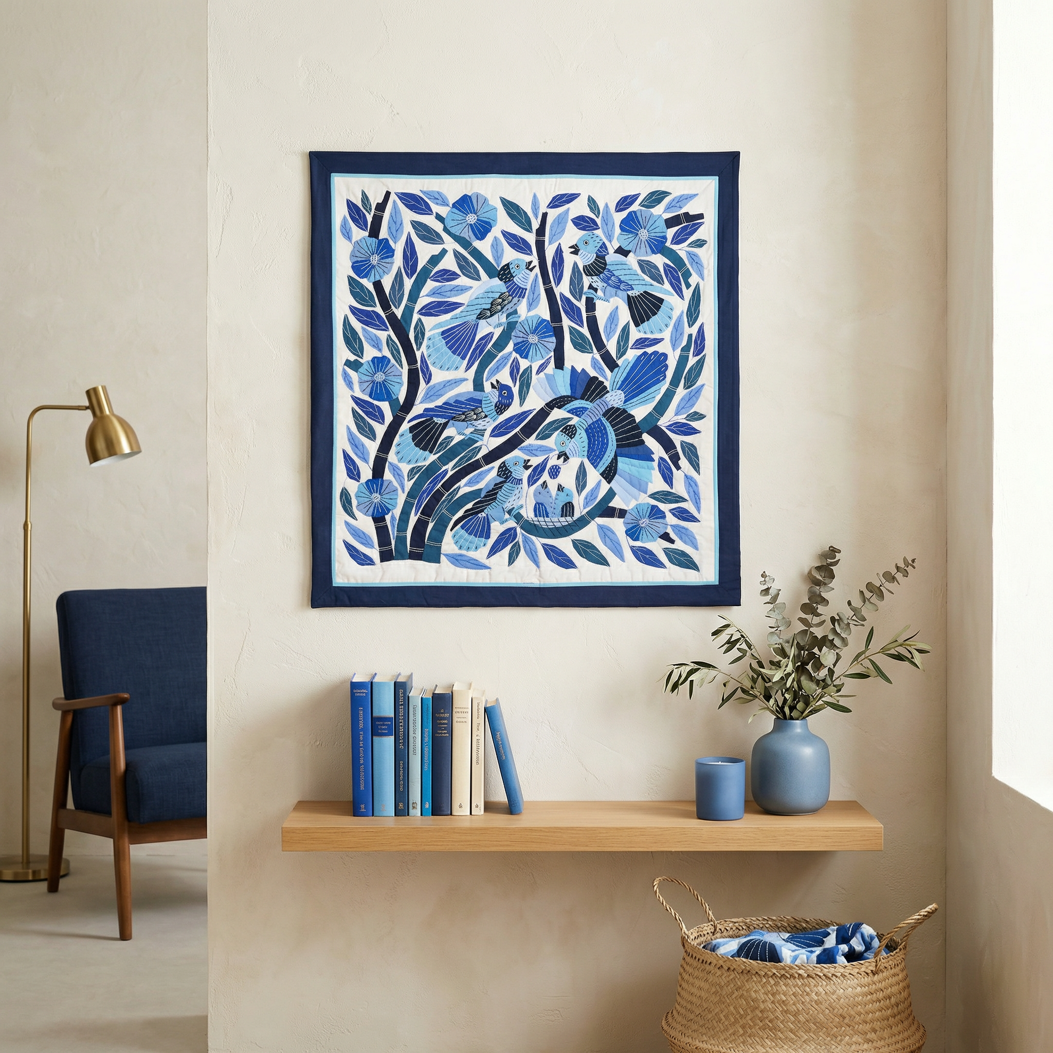 Vibrant  Blue Hand-Stitched Patchwork Khayyamian Tapestry