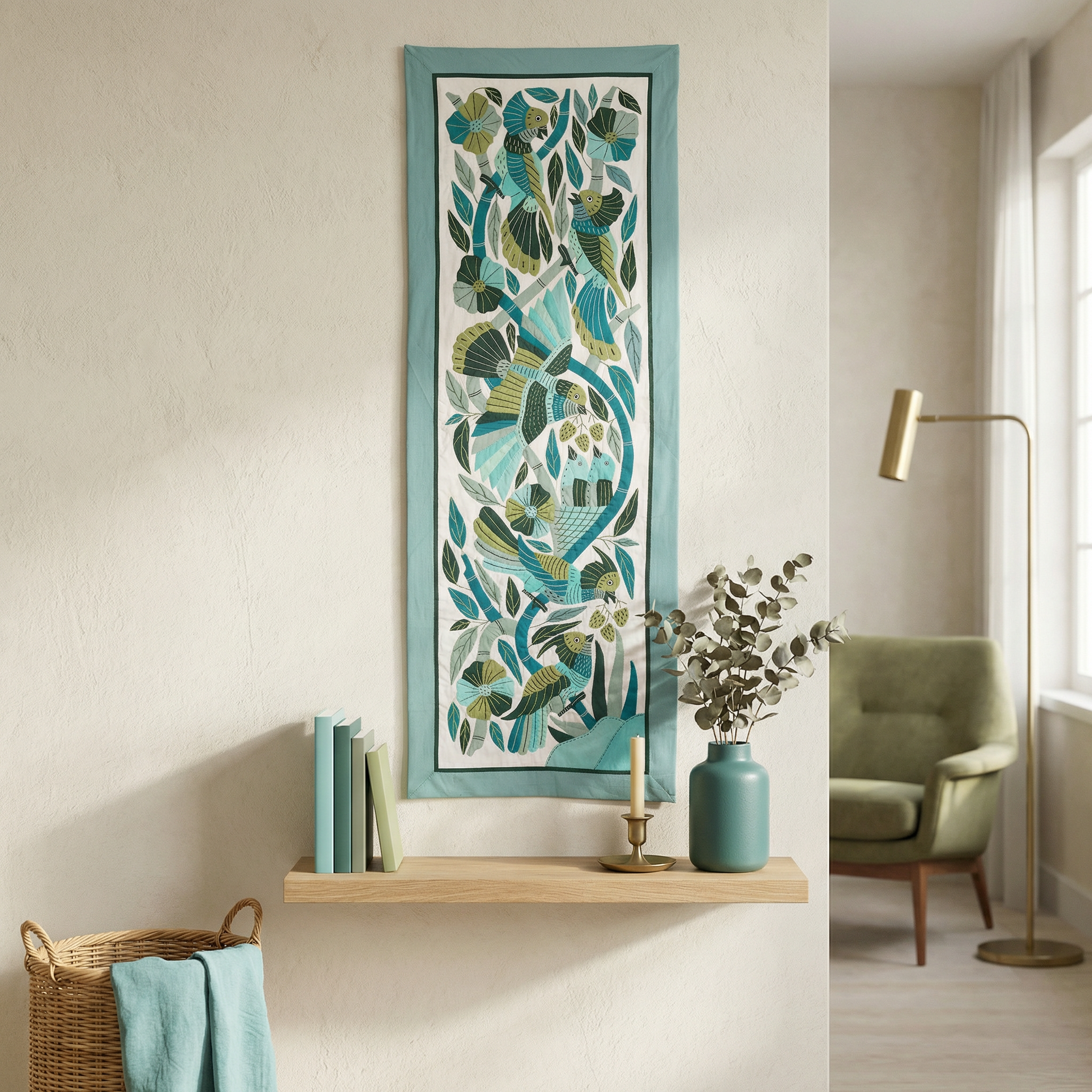 Blue Handmade Birds And Lotus Patchwork Khayyamian Tapestry