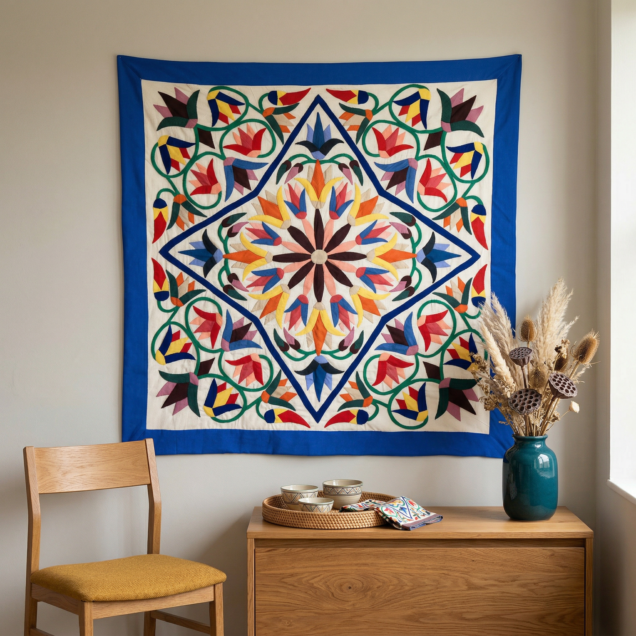 Intricate Floral & Geometric Egyptian Patchwork Khayyamian Tapestry