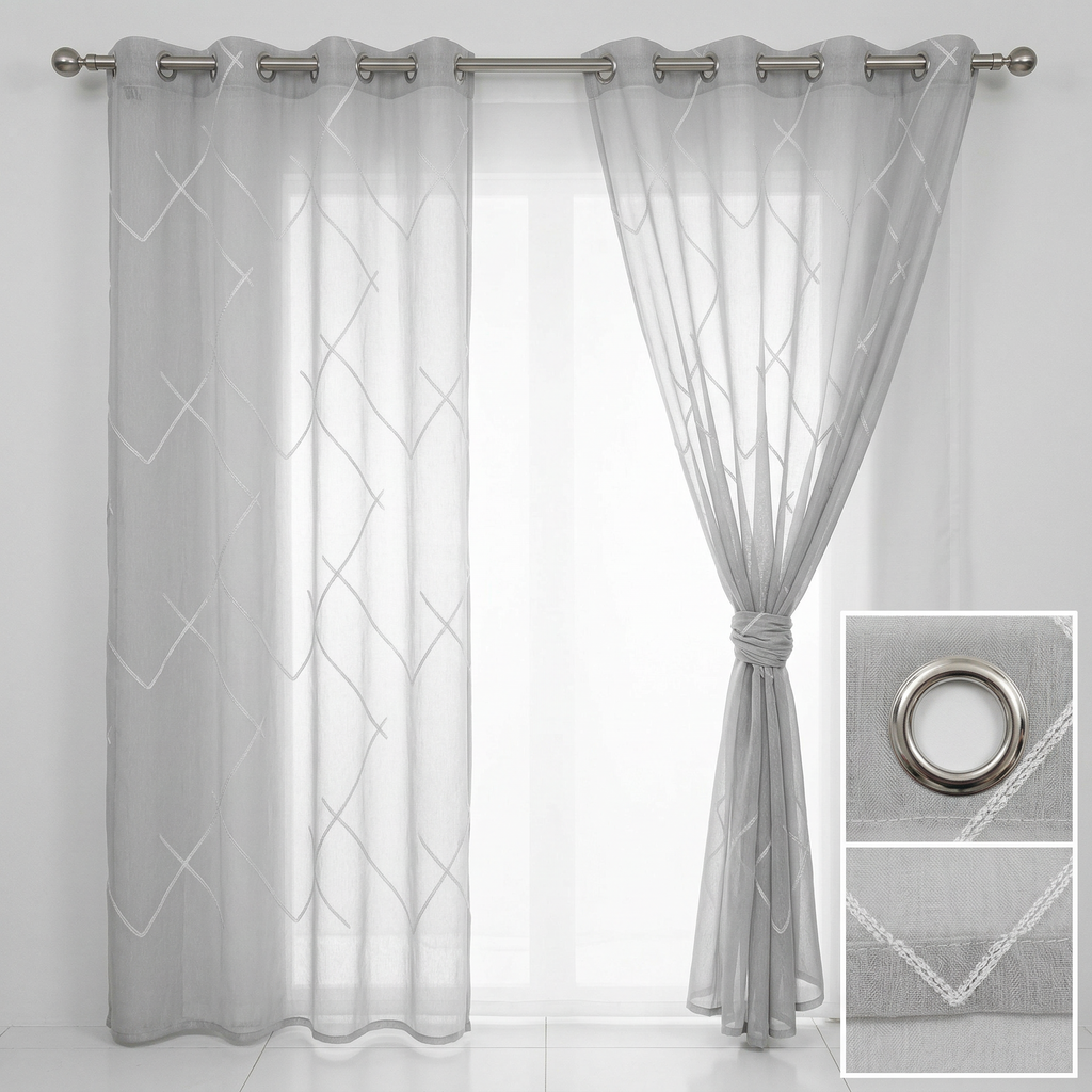 Luxury Embroidered Geometric Linen Blend Sheer Curtains
