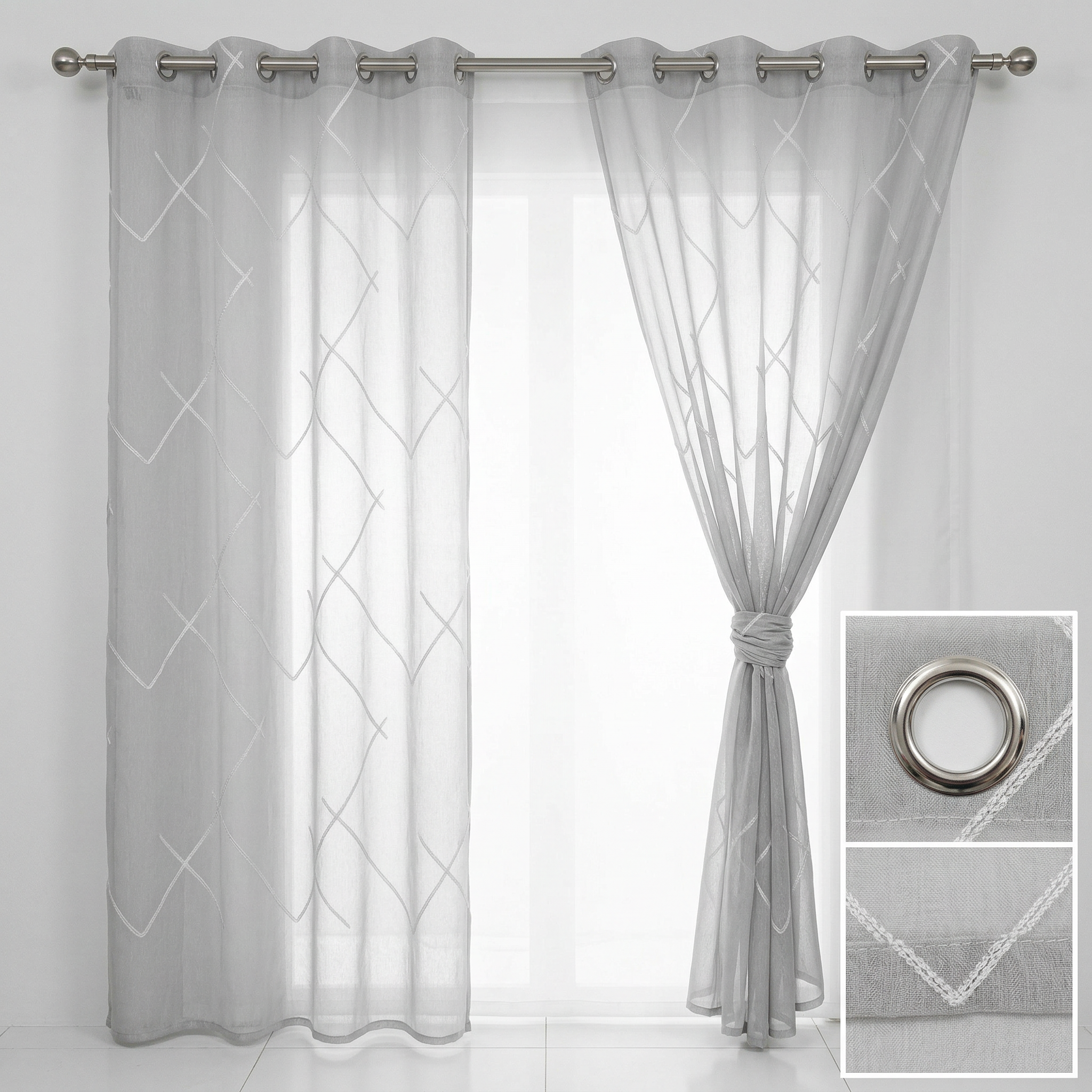 Luxury Embroidered Geometric Linen Blend Sheer Curtains