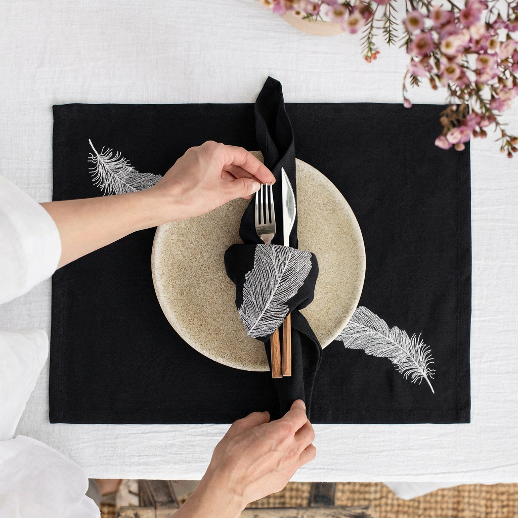 Feather Luxury Embroidered Table Linen Collection – 100% Egyptian Cotton & Linen