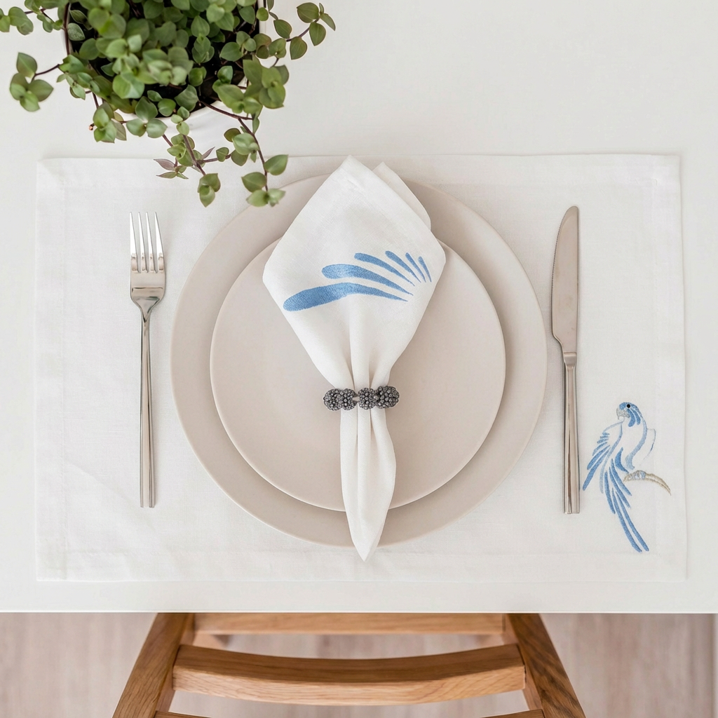 Parrot Luxury Embroidered Table Linen Collection – 100% Egyptian Cotton & Linen