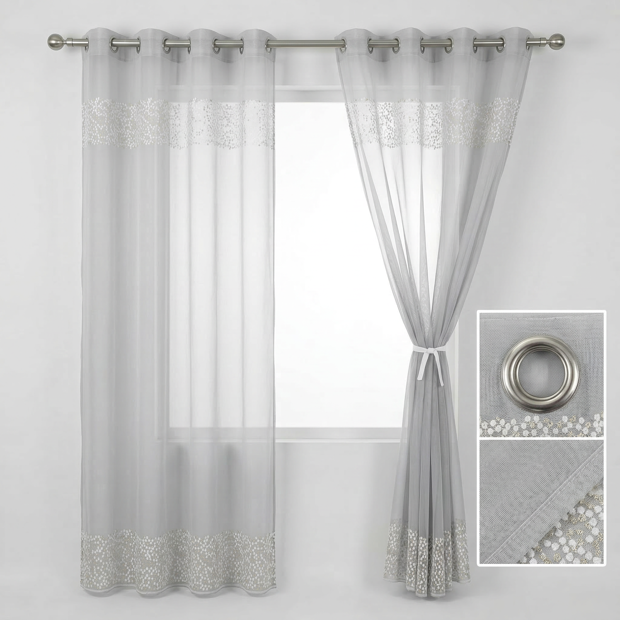 Silver Gold Sequin Border Sheer Curtains