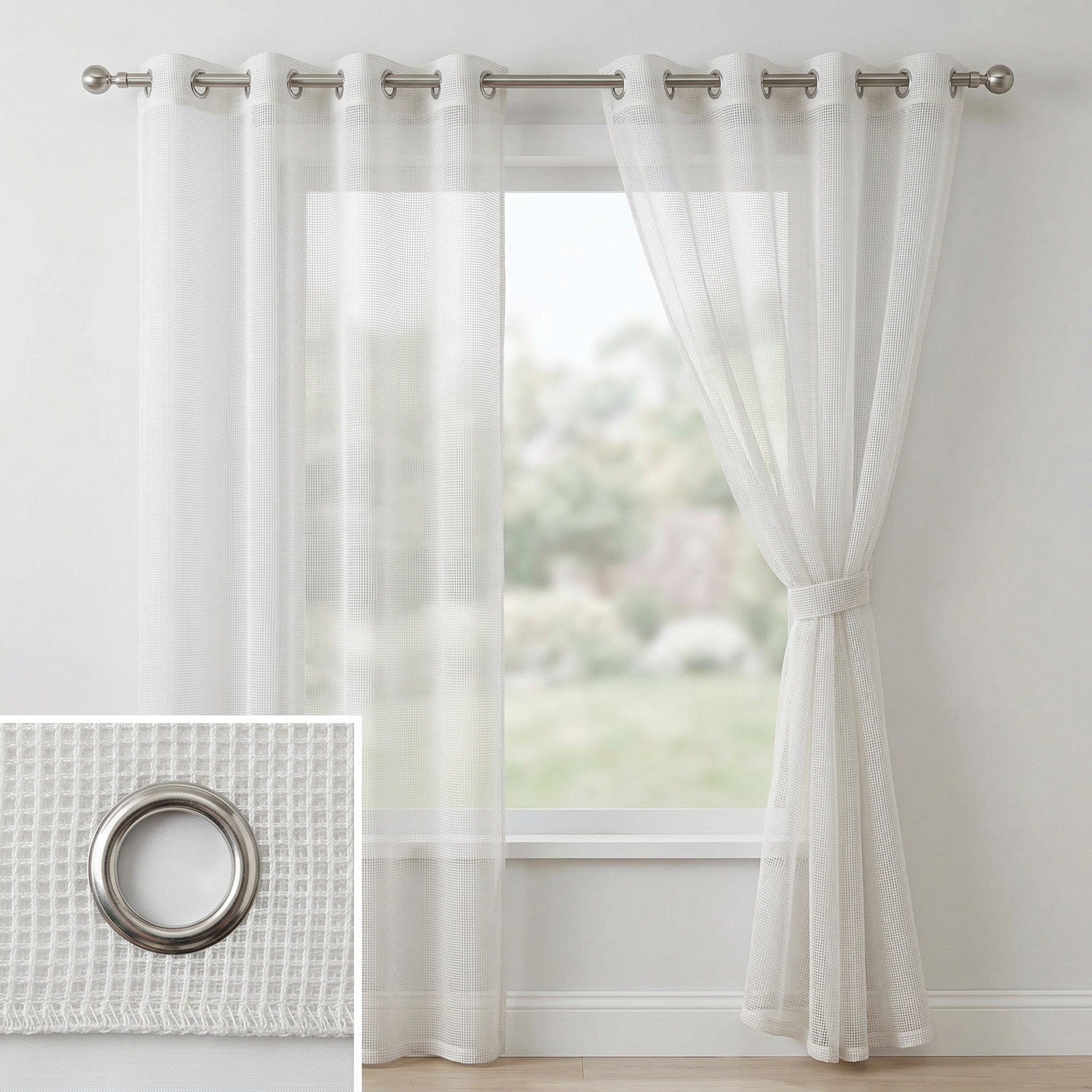 Square Grid Linen Effect Net Curtains