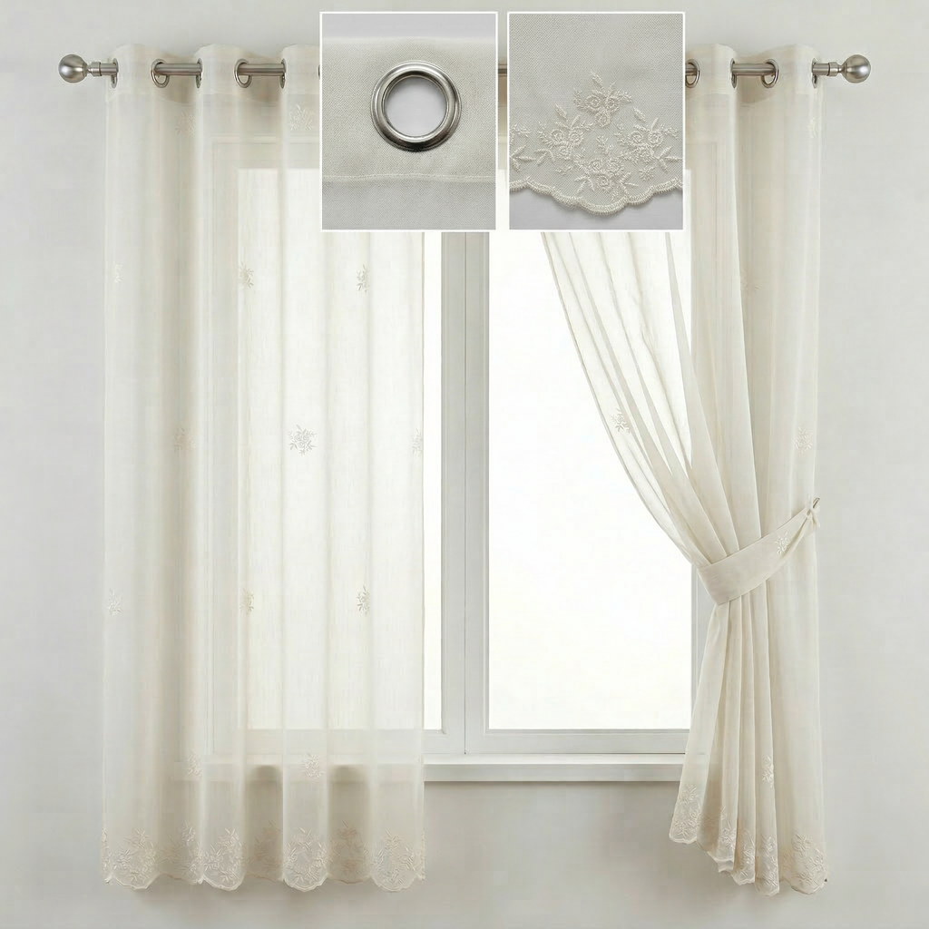 White Floral Embroidered Tulle Curtains