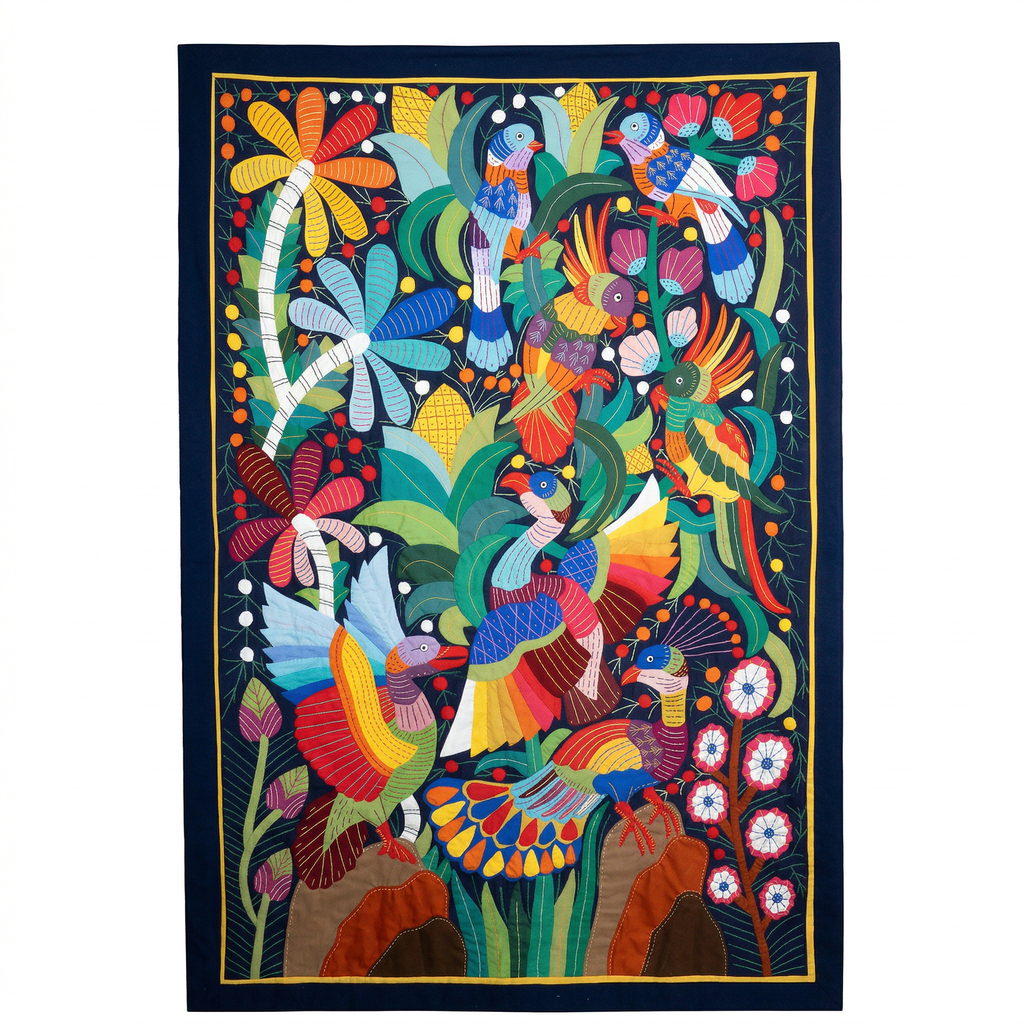 Colorful Bird And Palm  Handmade Patchwork Khayyamian Tapestry