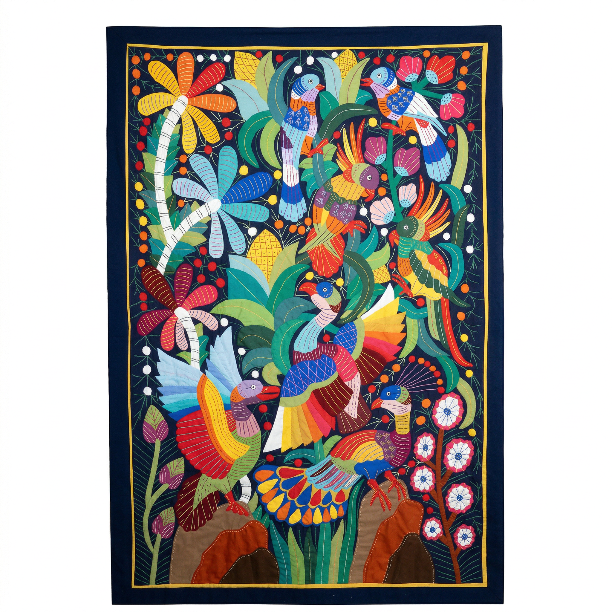 Colorful Bird And Palm  Handmade Patchwork Khayyamian Tapestry