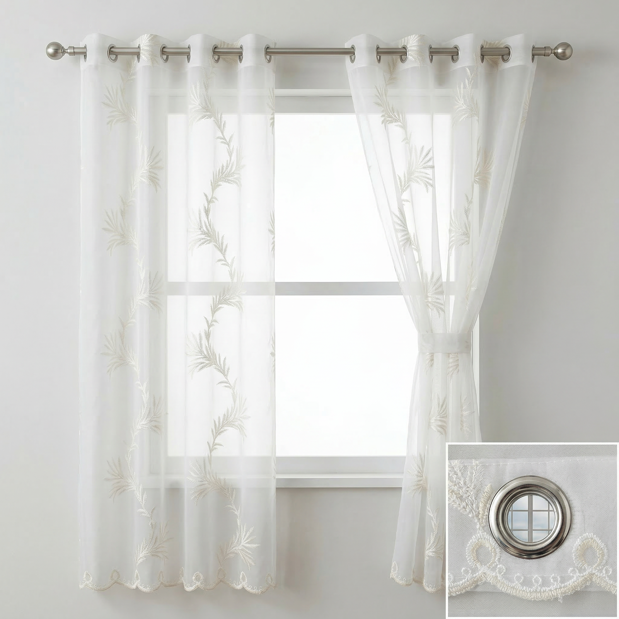 Botanical Leaf Embroidered Voile Curtains