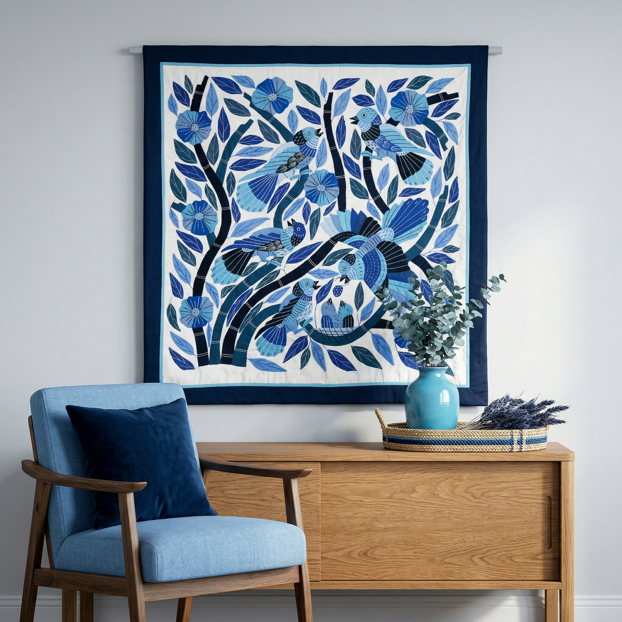 Vibrant  Blue Hand-Stitched Patchwork Khayyamian Tapestry