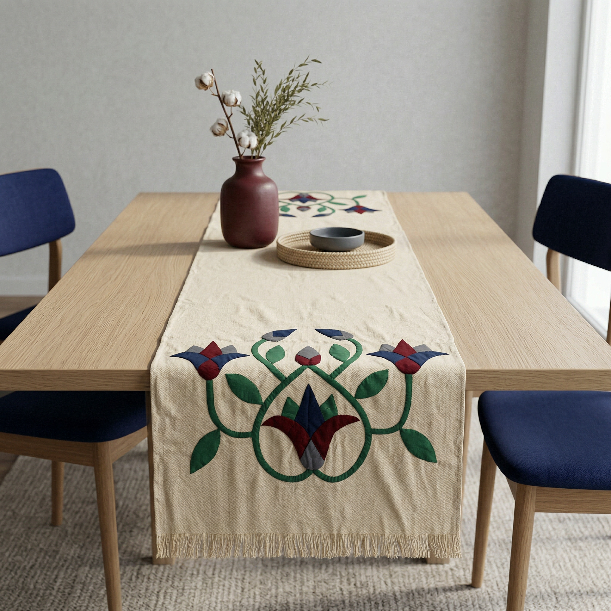 Red Lotus On Linen Table Runner