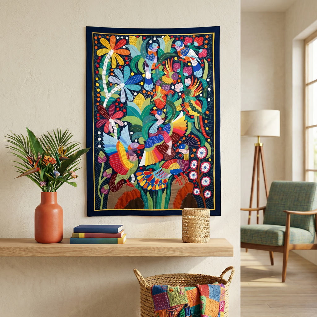 Colorful Bird And Palm  Handmade Patchwork Khayyamian Tapestry