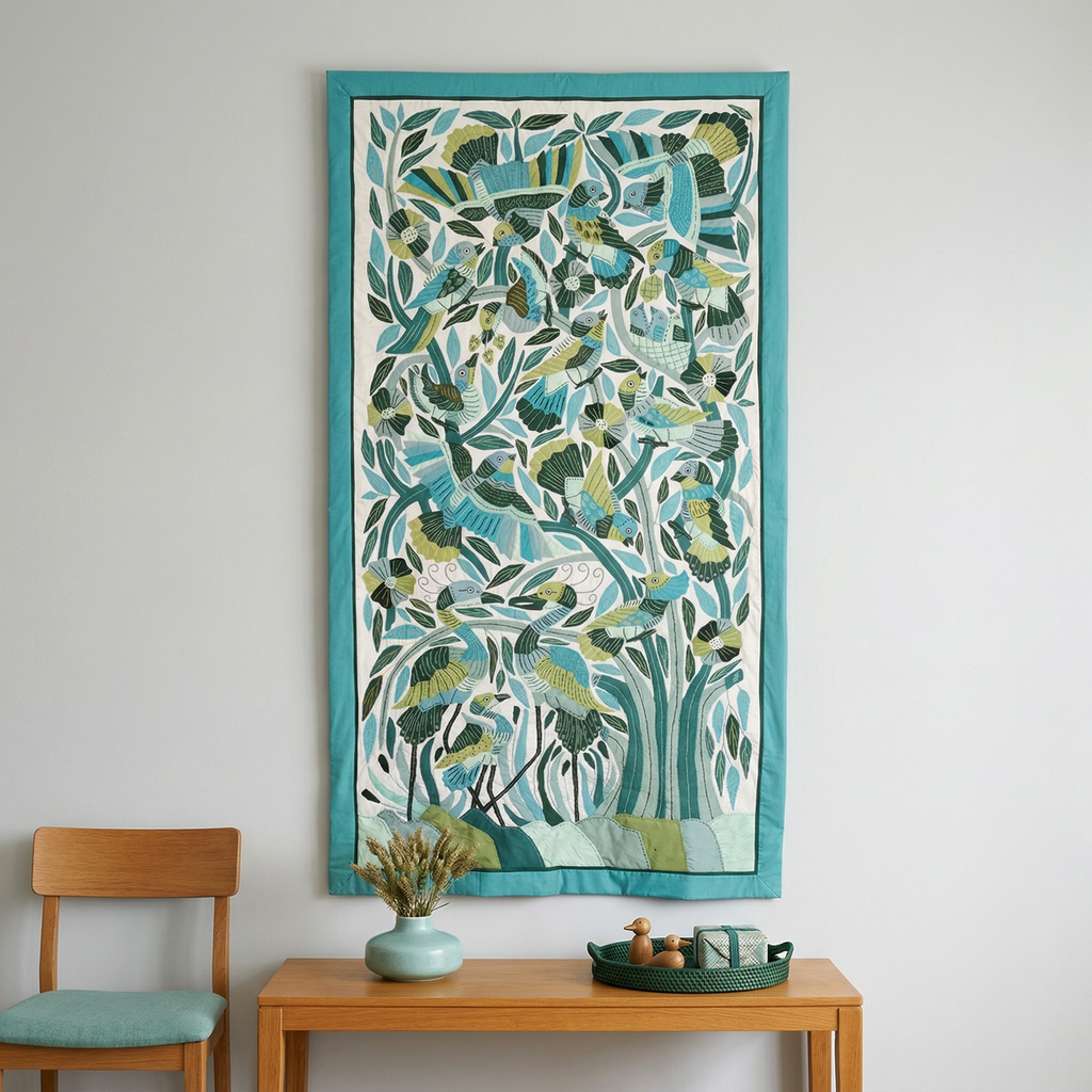 Blue Handmade Birds And Lotus Patchwork Khayyamian Tapestry