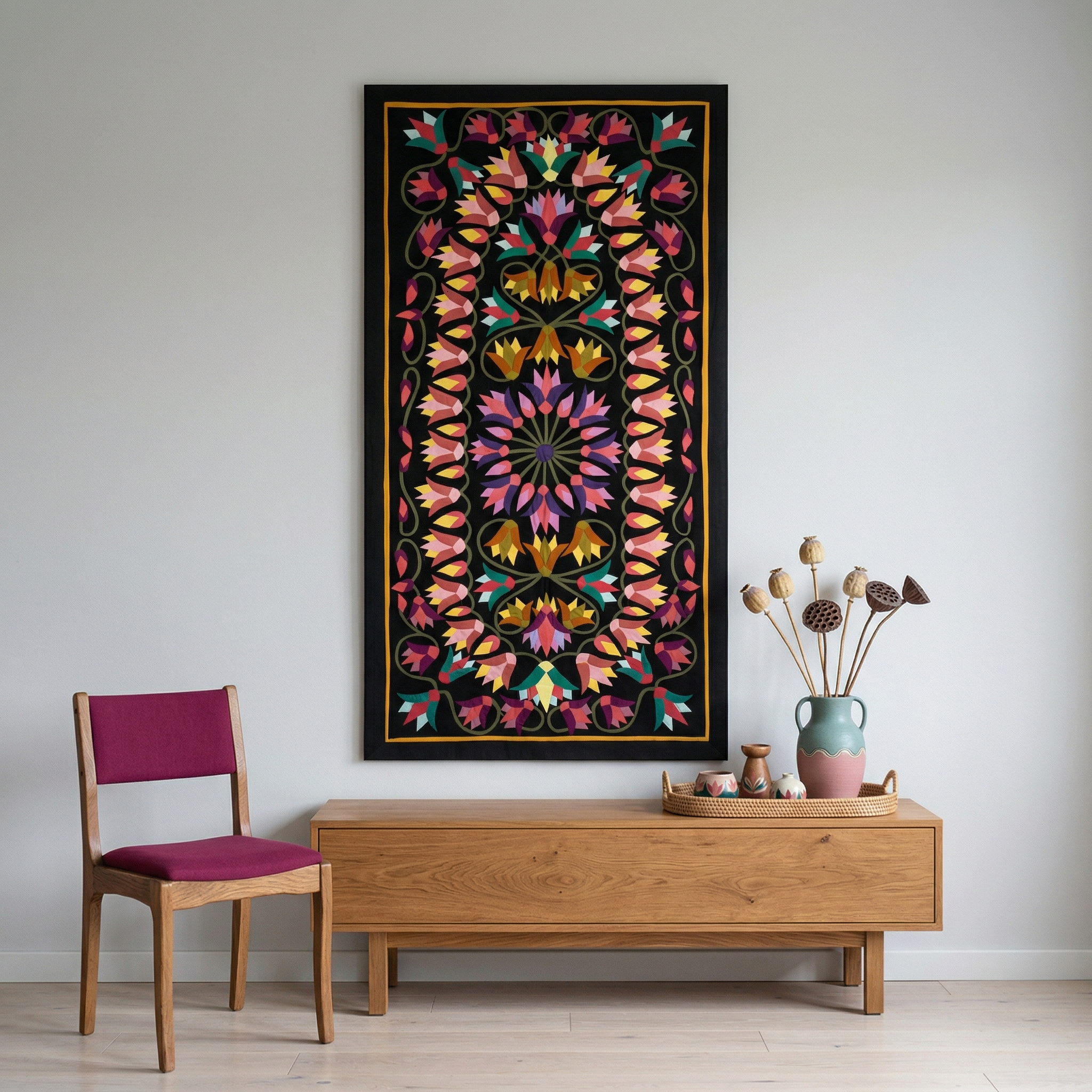 Handmade Floral Motif Wall Decor Patchwork Khayyamian Tapestry