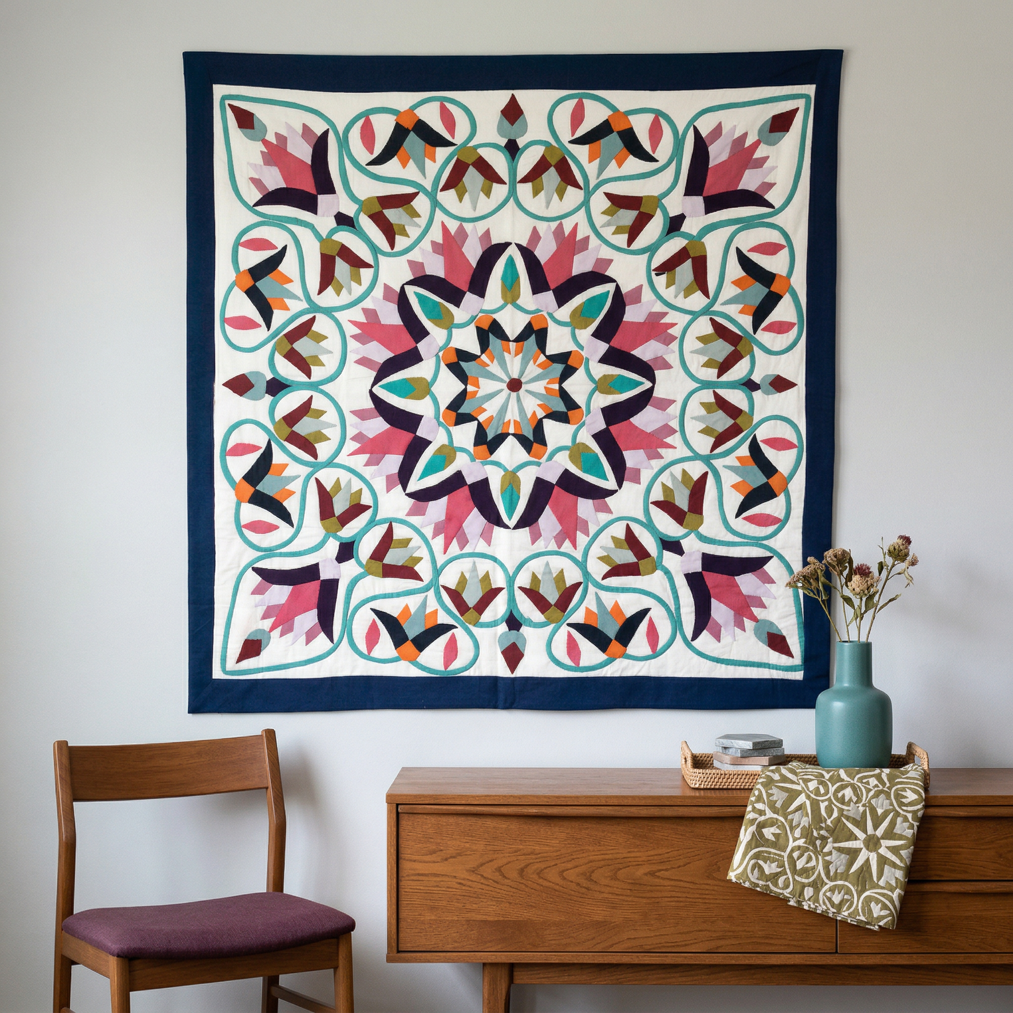 "Vibrant Appliqué Floral & Geometric Patchwork Khayyamian Tapestry