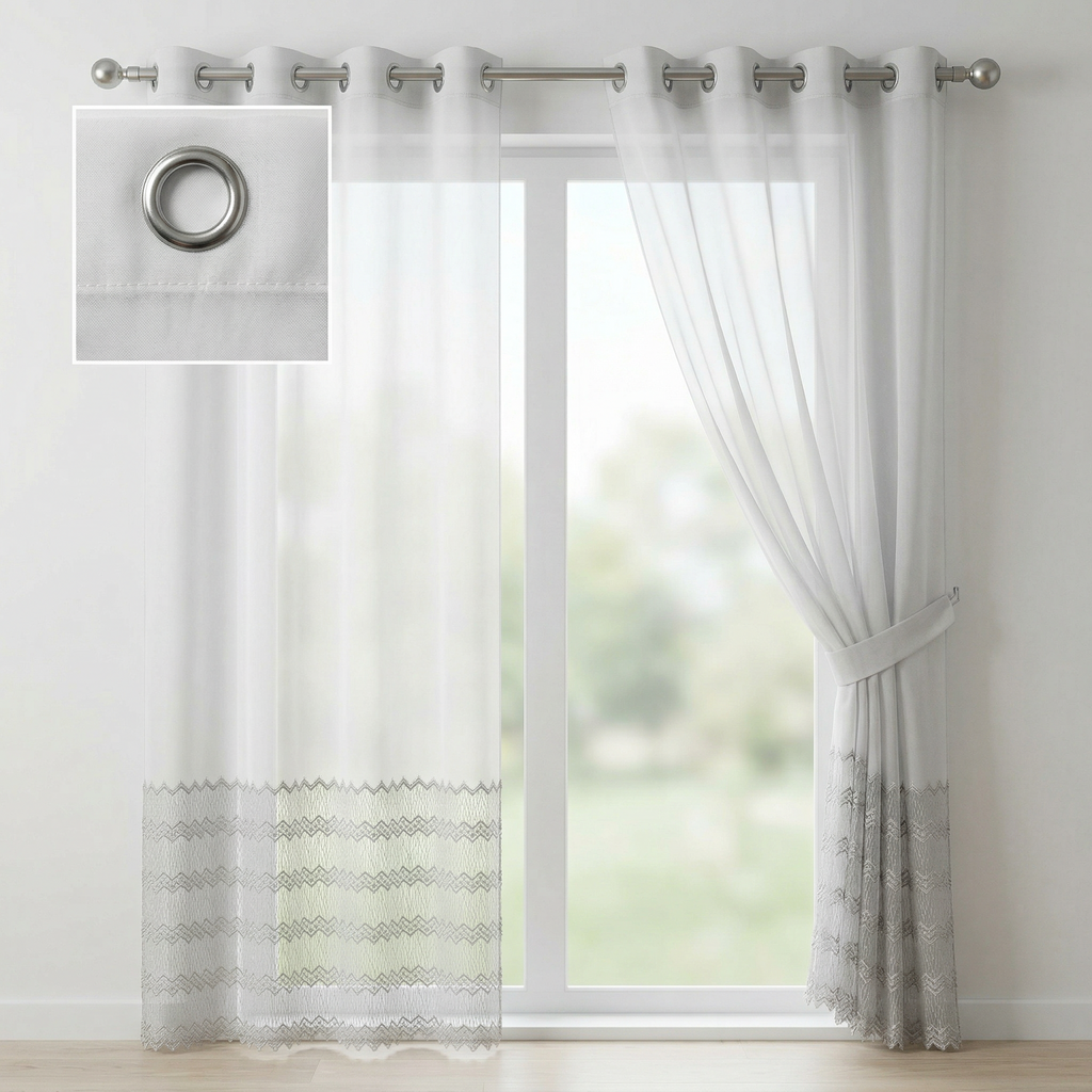 White and Grey Eyelet Embroidered Tulle Curtains
