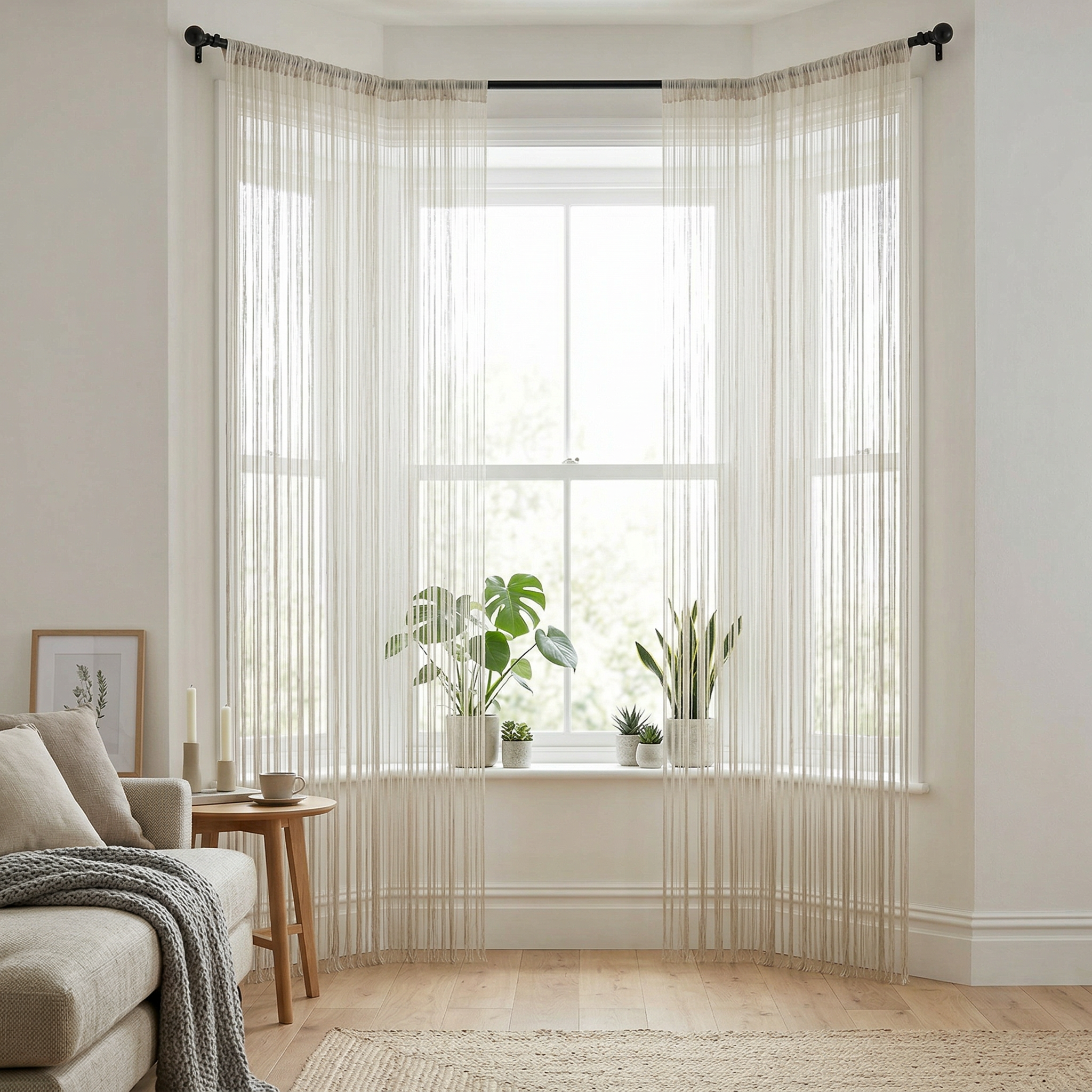 Modern Neutral Tassel String Net Curtain