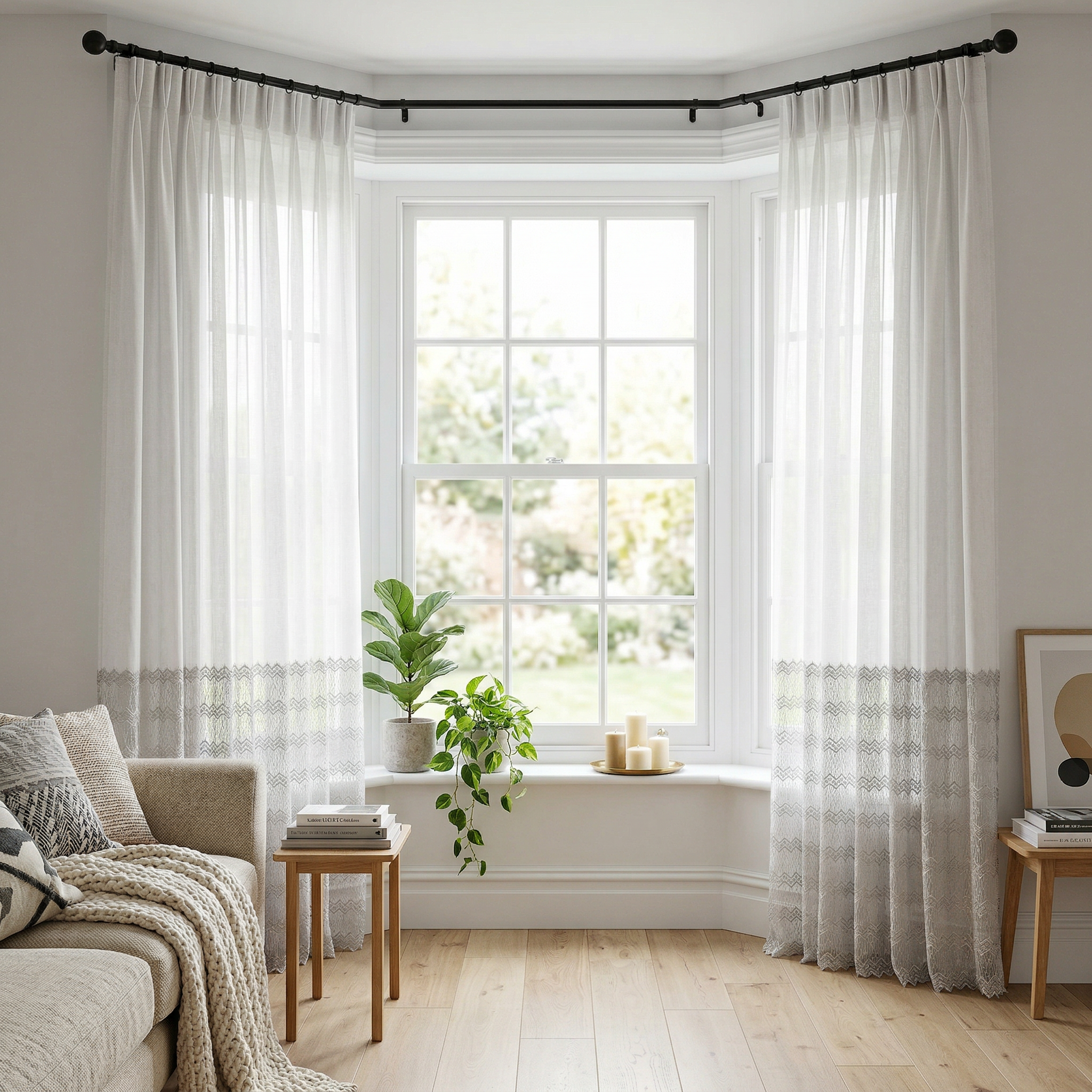White and Grey Eyelet Embroidered Tulle Curtains