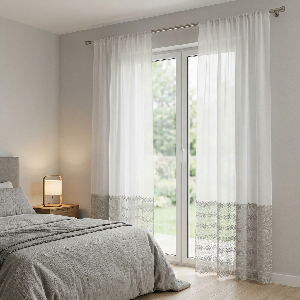 White and Grey Eyelet Embroidered Tulle Curtains