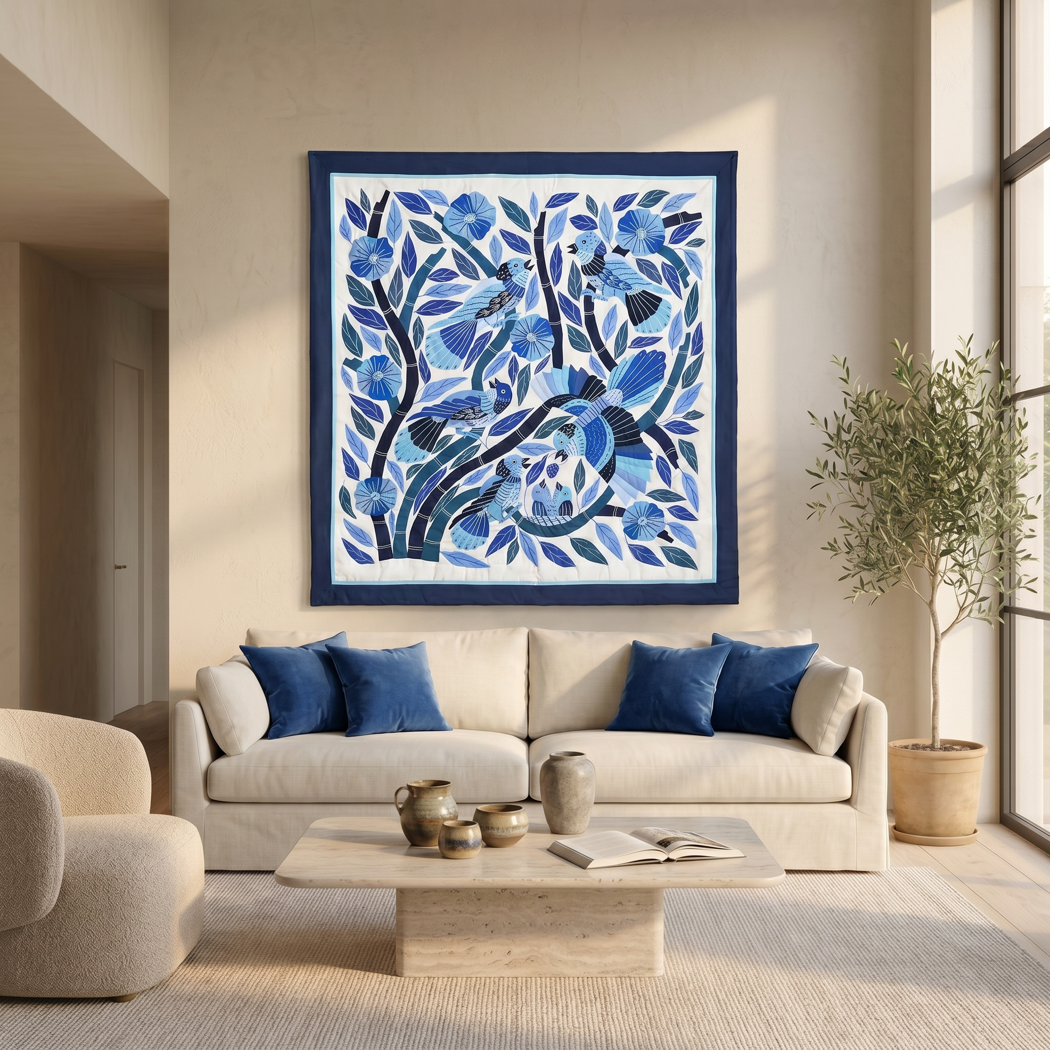 Vibrant  Blue Hand-Stitched Patchwork Khayyamian Tapestry